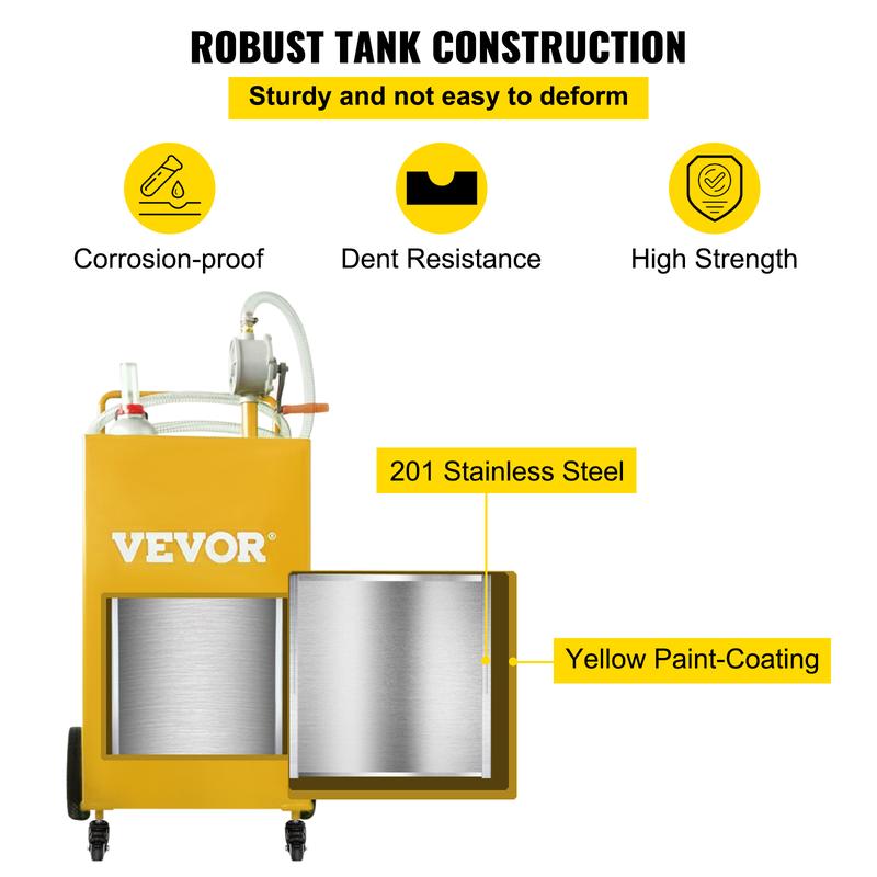 VEVOR 30 Gallon Fuel Caddy, Gas Storage Tank & 4 Wheels, with Manuel Transfer Pump, Gasoline Diesel Fuel Container for Cars, Lawn Mowers, ATVs, Boats, More, Yellow Bottles Hand