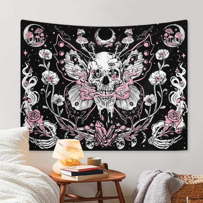 Floral & Skull Pattern Tapestry, Halloween Butterfly Mushroom Print Tapestry, Wall Hanging Decor for Home Living Room Bedroom, Room Decor