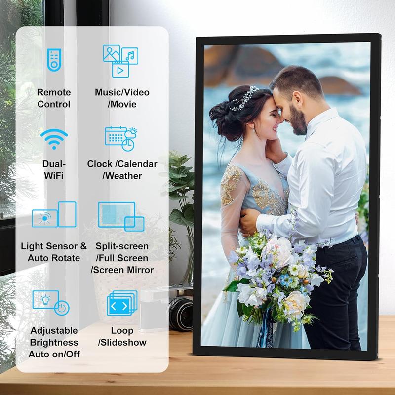 21.5-inch Dual-WiFi Digital Photo Frame - FULLJA FHD IPS Large Smart Digital Picture Frame, 2.4GHz 5GHz Dual Band WiFi, Sharing Photos Videos via App Email, Free Cloud, Sync & Mirror Smartphone Screen, Christmas Gift and New Year Gift