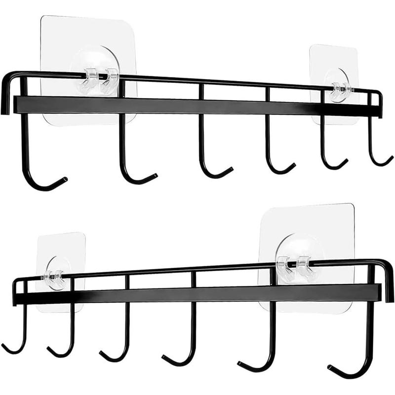 2Pcs Kitchen Utility Hooks,Wall Mount Kitchen Utensil Rack with 6 Hooks,Wall Mounted Rail,No Drilling Kitchen Utensil Holder,Space Saving Kitchen Wall Hooks for Kitchen Bathroom. (black)