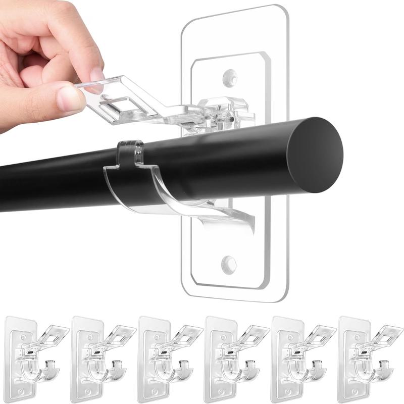 6-Pack No Drill Needed Curtain Rod Holders Brackets, Self Adhesive Rod Holder Hooks, Multipurpose Nail Free Stick on Curtain Rod Hooks