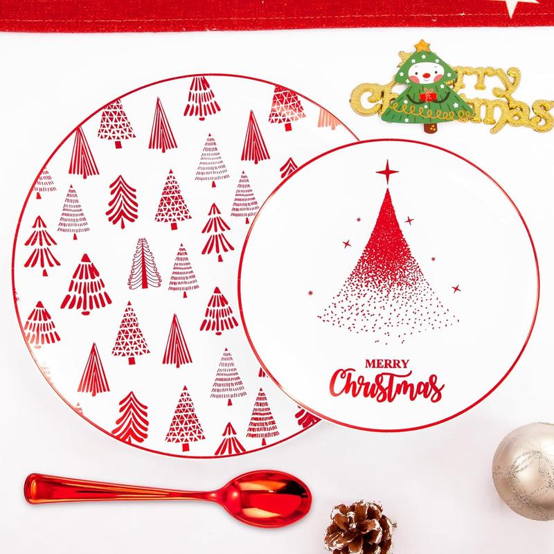 Nervure 175PCS Christmas Plastic Plates - Withe and Red Disposable Plates - Christmas Tree Plates Include 25Dinner Plates, 25Dessert Plates, 75Silverware, 25Cups, 25 Napkins for Christmas Party