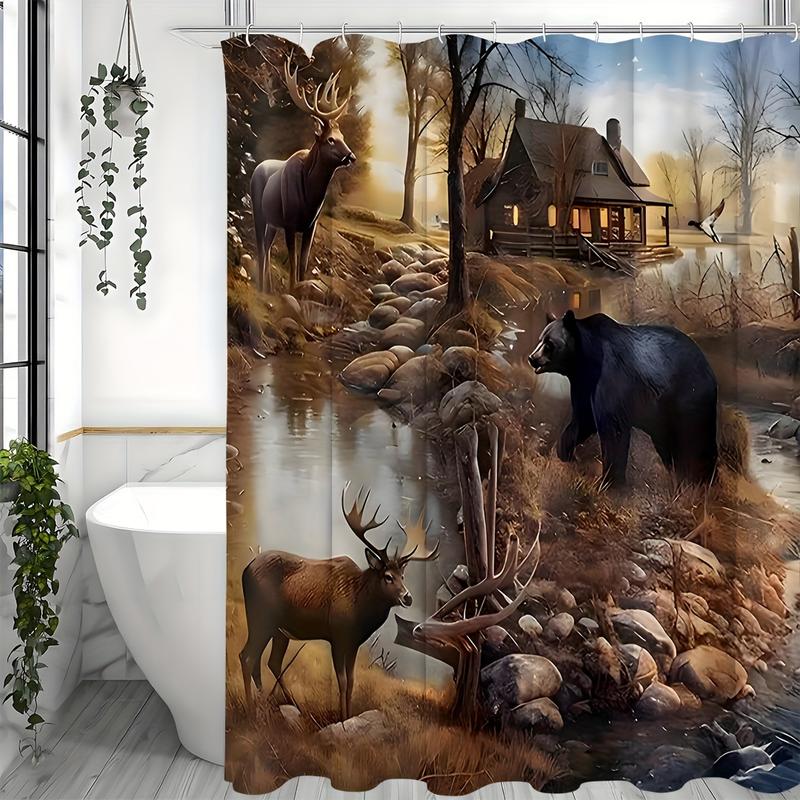 1pcs Bear & Deer Forest Splendor Bathroom Decor Set - Waterproof Shower Curtain with 12 Hooks,Create a Magical Sanctuary