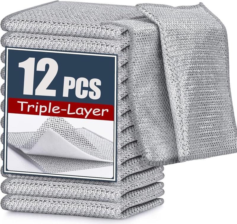 Triple Layer 12 Pack, New Upgrade Steel Wire Cleaning Dishcloth, Absorbent Scrubber, Non-Scratch Powerful Cleaning Rag for Cookware, Sinks, Dishes