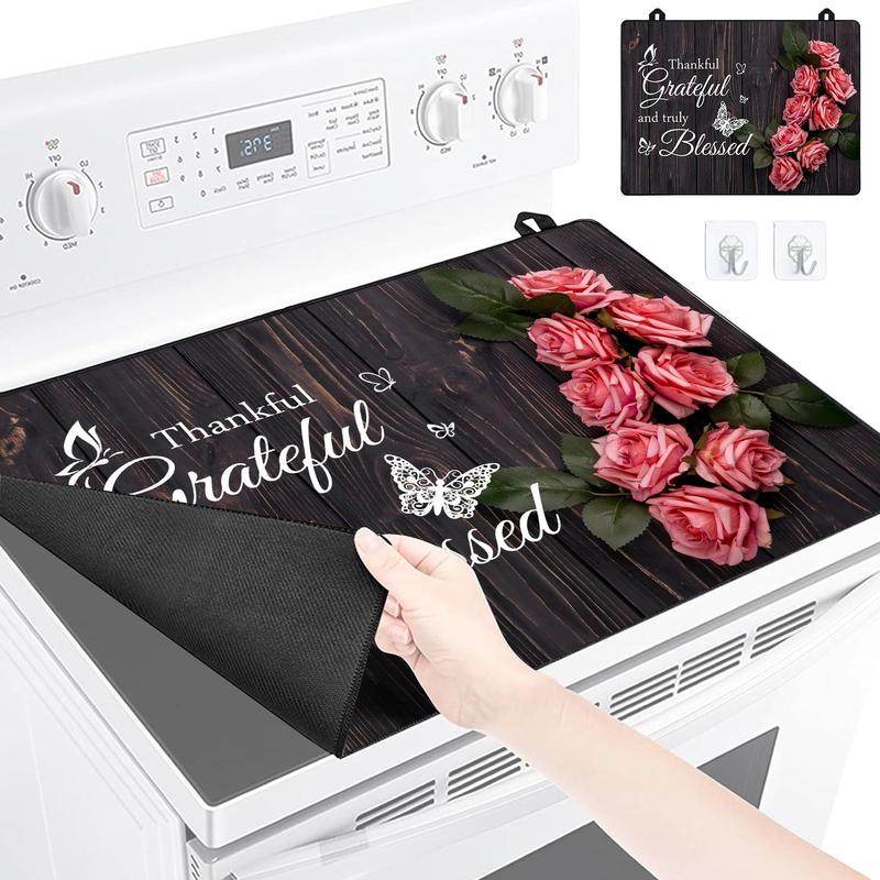 Rose & Letter Pattern Stove Top Cover, 1 Count Waterproof Thickened Rubber Protective Pad with 2 Hooks, Heat Resistant Non-slip Stove Top Cover