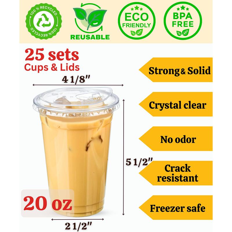 25 Sets of 20 oz Disposable Clear Plastic Cups with Sip - Lids. To-Go Iced Coffee Cups with Strawless Lids for Smoothie, Milkshake and Cold Drinks.