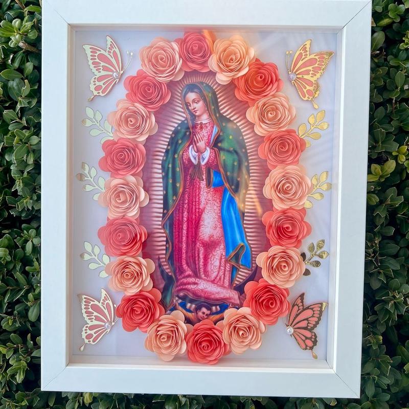 Virgin of Guadalupe Virgencita Floral Shadow Box-8x10”