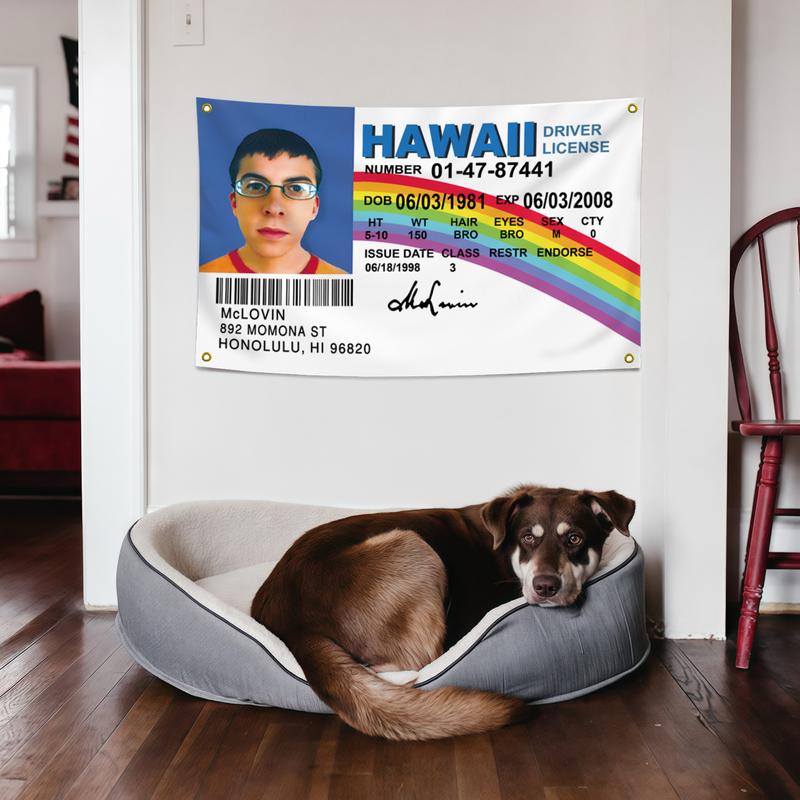 Mclovin ID Flag Fake Driver License 3x5 ft Mclovin Tapestry, Polyester with 4 Brass Grommets, Mc Loving Funny flags Poster for College Dorm Outdoor Banner