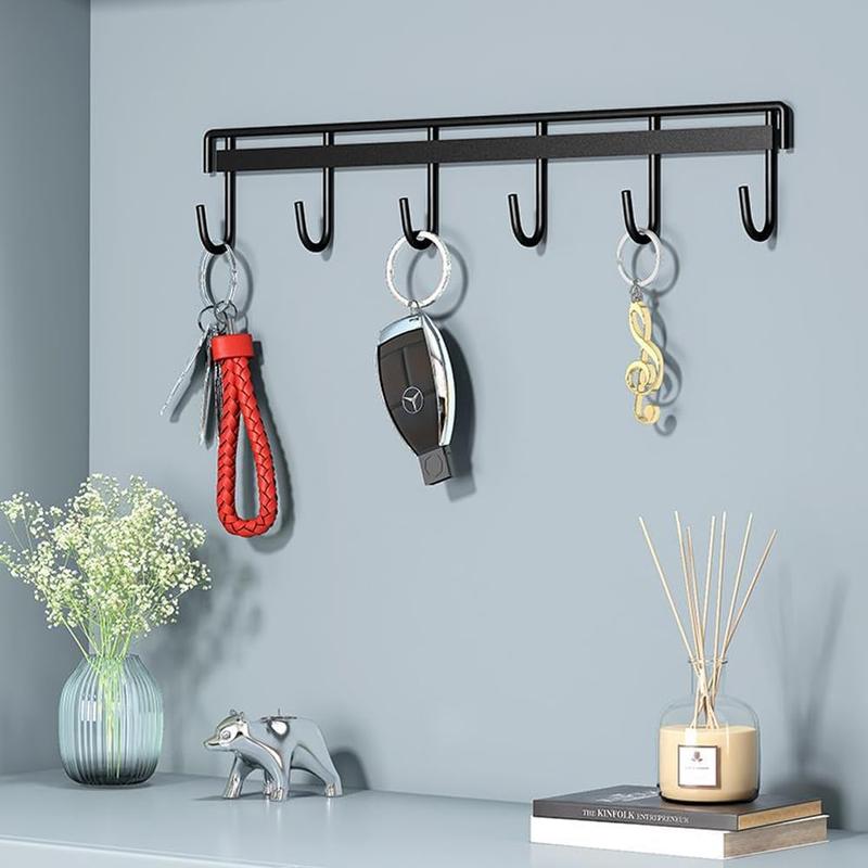 2Pcs Kitchen Utility Hooks,Wall Mount Kitchen Utensil Rack with 6 Hooks,Wall Mounted Rail,No Drilling Kitchen Utensil Holder,Space Saving Kitchen Wall Hooks for Kitchen Bathroom. (black)