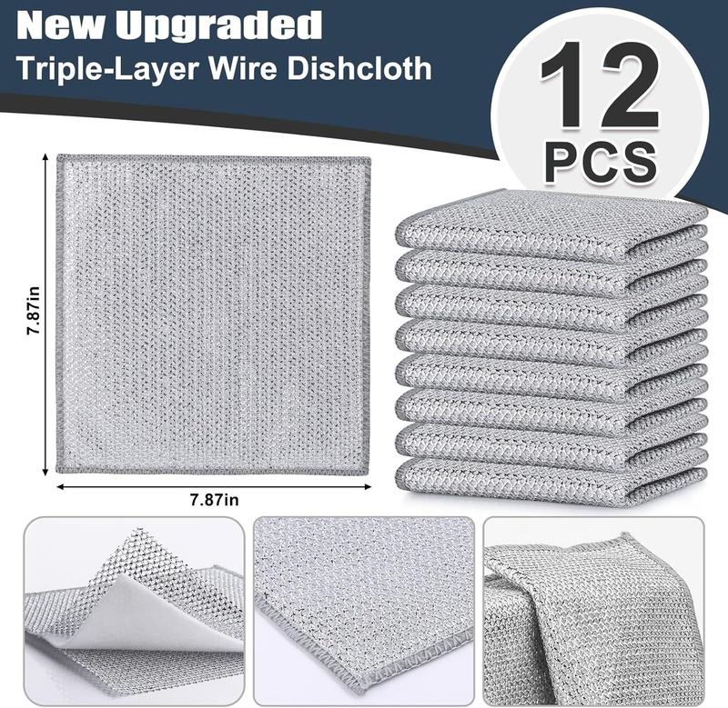 Triple Layer 12 Pack, New Upgrade Steel Wire Cleaning Dishcloth, Absorbent Scrubber, Non-Scratch Powerful Cleaning Rag for Cookware, Sinks, Dishes