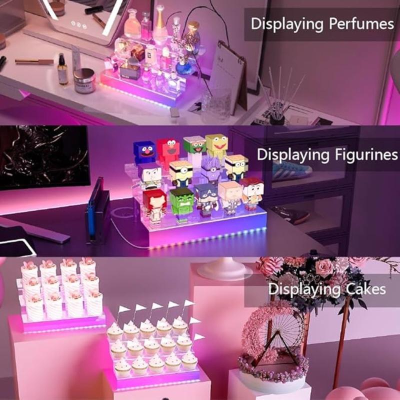 12 IN Clear Acrylic Display Riser with LED light，Perfume Organizer Cologne Holder，3 Tier Display Riser Shelf ,Toys, Clear Cupcake Riser, Dessert Shelf