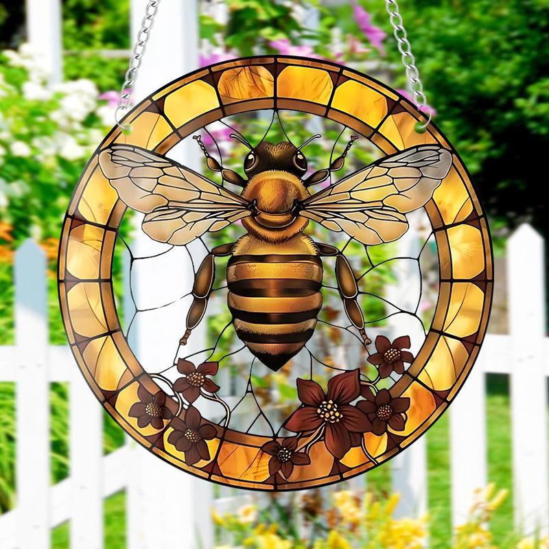 Bee & Flower Design Hanging Suncatcher, Round Colorful Hanging Ornament, Outdoor Hanging Decor for Garden, Patio, Yard, Home Decor