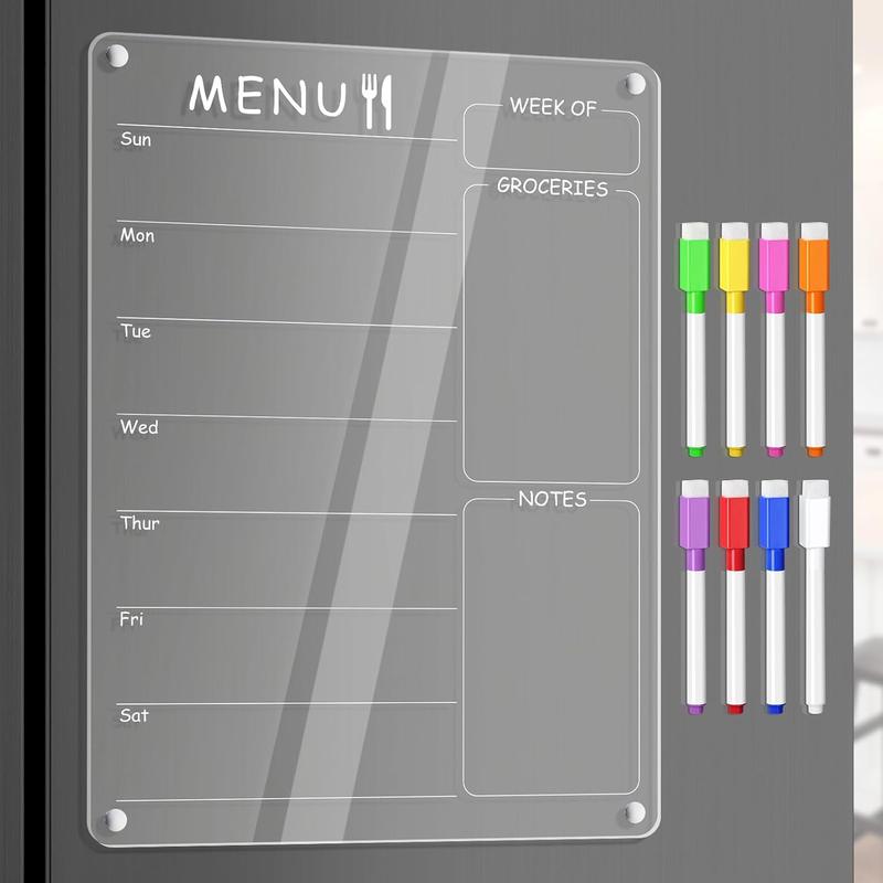 Acrylic Magnetic Calendar, Acrylic Meal Planner Magnetic Menu Board for Kitchen Fridge w  8 Markers, Clear Weekly Calendar Planning Board Noteboard Refrigerator Dry Erase Board to Do Grocery Shopping List Chore Chart, 12.8x9’’ Decor Gift