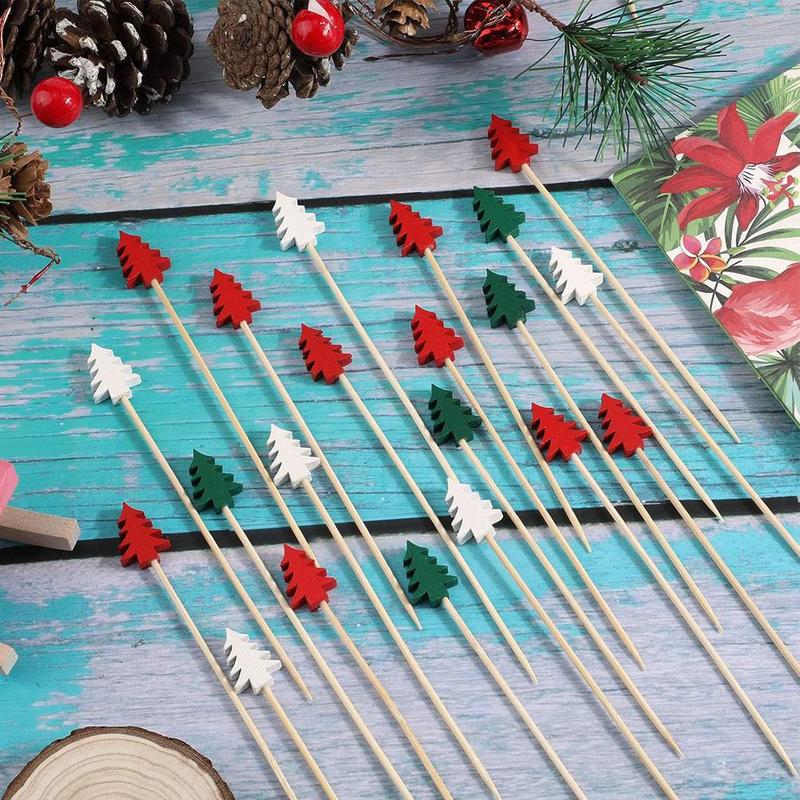 Christmas Tree Star Shell Football Design Cocktail Picks, 50 100pcs Wooden Appetizer Picks, Fancy Party Food Fruit Skewers for Christmas Charcuterie Cups Sandwich Cheese