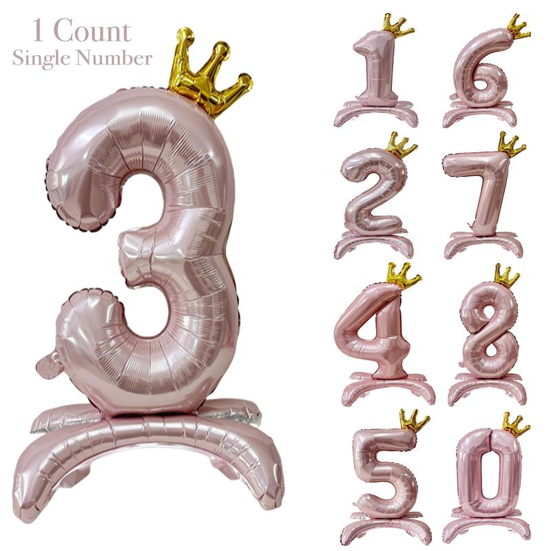 32 Inch Number Balloon Set, 1 Count Crown Design Number Balloon, Number Balloon with Base, Birthday Party Decoration Supplies