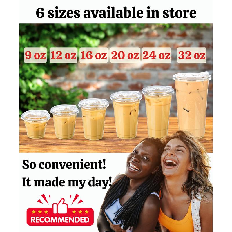 25 Sets of 20 oz Disposable Clear Plastic Cups with Sip - Lids. To-Go Iced Coffee Cups with Strawless Lids for Smoothie, Milkshake and Cold Drinks.