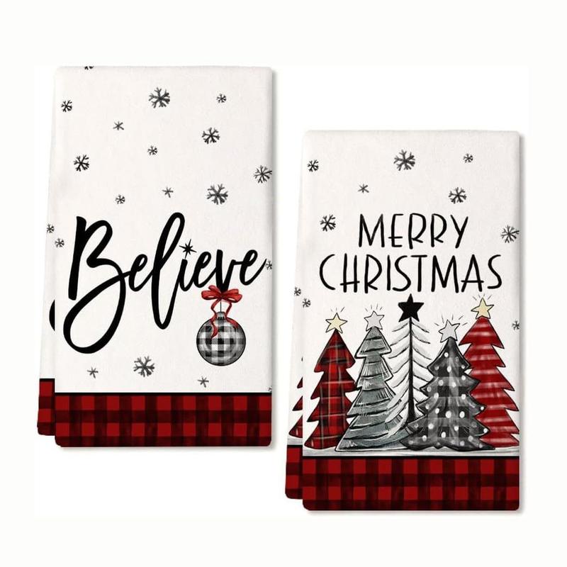 Christmas Themed Kitchen Towel, 2 Counts set Merry Christmas Lettering Soft Absorbent Towel, Kitchen Cleaning Towel, Kitchen Accessories