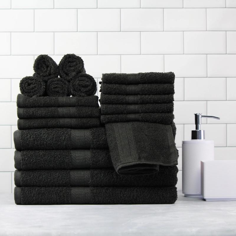 Basic Solid 18-Piece Bath Towel Set Collection, Black Cotton Hand