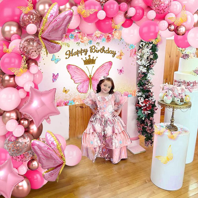 Butterfly Pink Balloon Tablecloth Backdrop Set,94pc Pink Butterfies Latex Balloon Girl Birthday Party Decoration,Happy Butterfly Birthday Ballon Decor