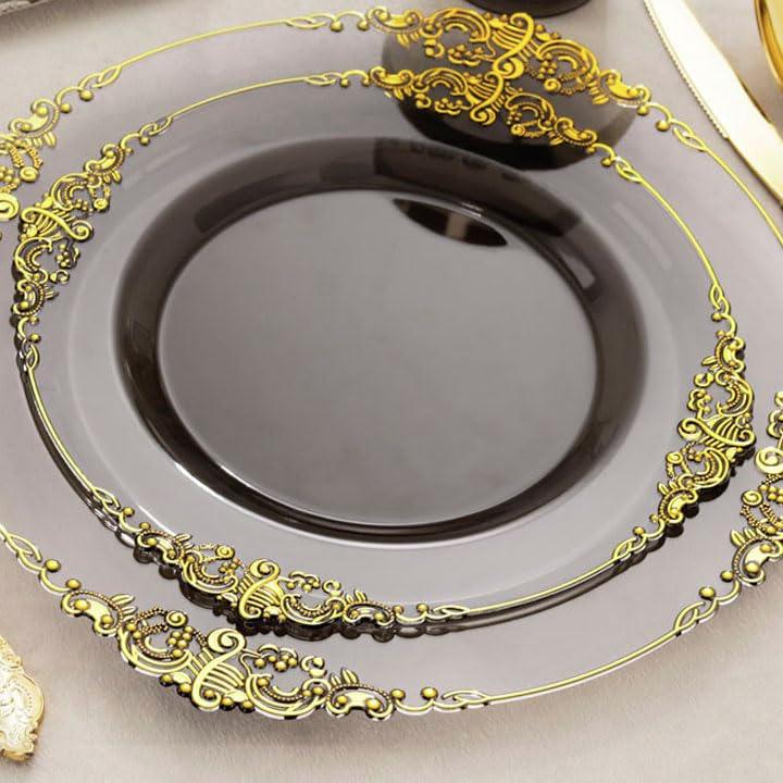 Nervure 175PCS Black Gold Plastic Plates Sets for 25 Guests Include 25 Dinner,Dessert Plates, 25 Cups,Forks,Knives,Spoons,Napkins for Parties&Birthday halloween decor