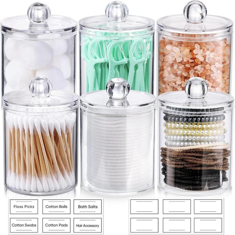 6 Pack Qtip Holder Dispenser for Cotton Ball, Cotton Swab, Cotton Round Pads, Floss - Clear Plastic Apothecary Jar Set, Bathroom Canister Storage Organization, Vanity Makeup Organizer (12oz & 10oz)(Creative Life Pavilion) Bottles Tin