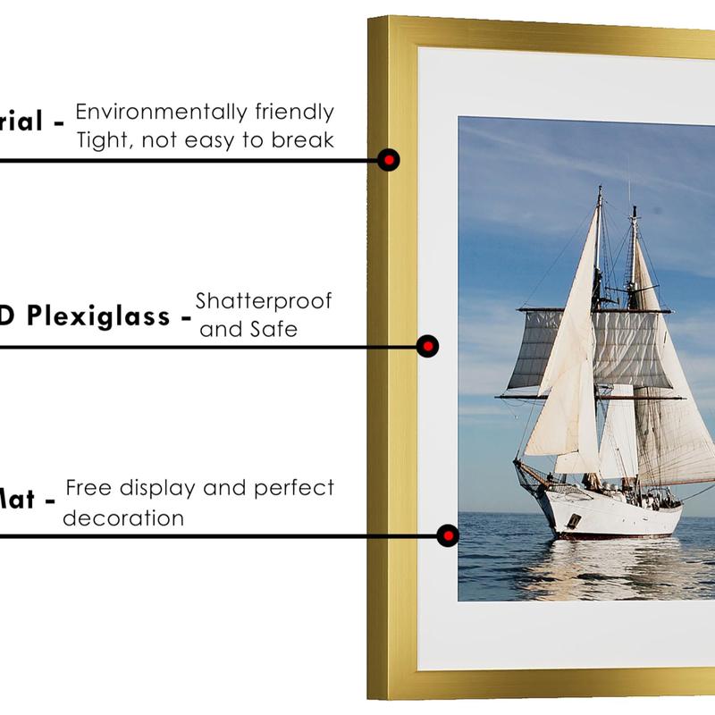 PEALSN 12x16 Picture Frame, Display Pictures 8.5 x 11 with Mat or 12 x 16 Without Mat for Wall Mounting Display, Photo Frames, Gold.