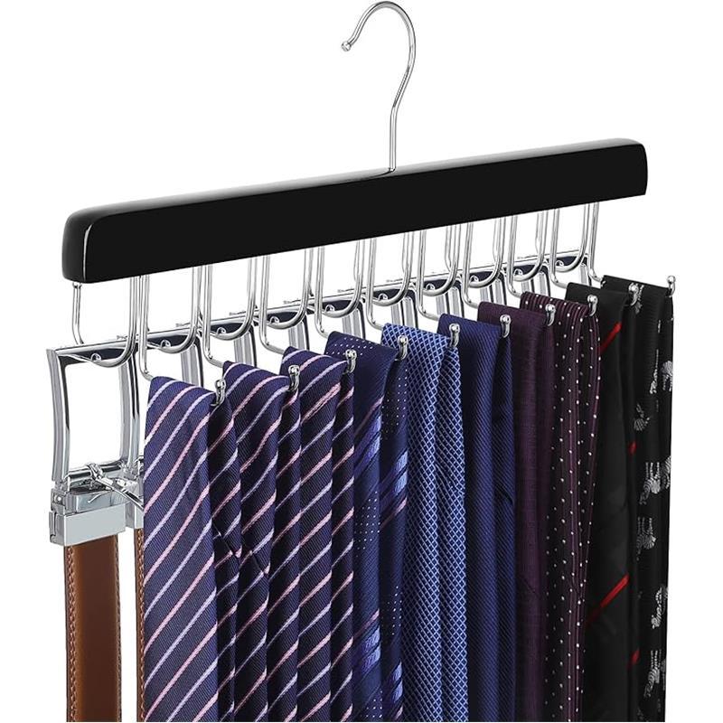 2 in 1 Belt Tie Hanger for Closet Max 30 Belts with 30 Ties Capacity, 20 Hooks Belt Tie Racks Wooden Hanger for Closet Organizer Storage “U” Fit for Belt and “” Fit for Tie - CT47B Hanging