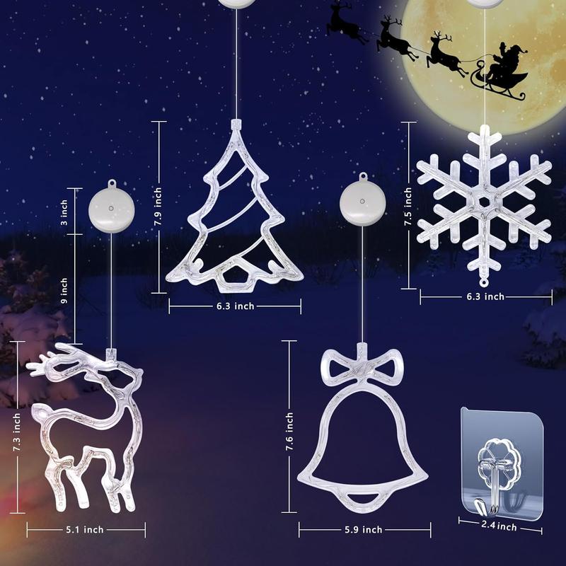 Christmas Window Decorations,4 Pack Jingle Bell Reindeer Christmas Tree Snowflake Christmas Window Lights with Suction Cup,Battery Operated(exclude) Indoor Lights for New Year Decorations Hook Slide