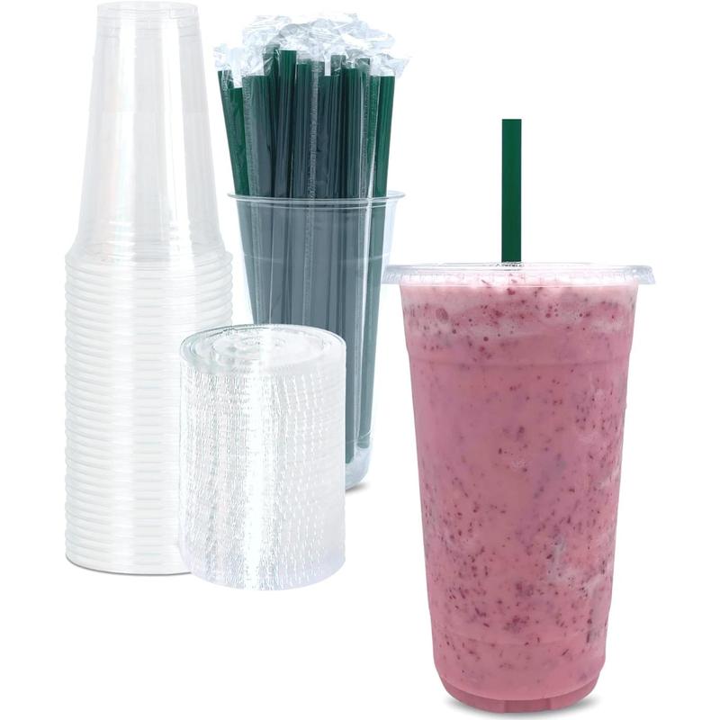 32 oz Clear Plastic Cups with Lids and STRAWS, Disposable Drinking Cups for Cold Drinks, Iced Coffee, Milkshakes, Smoothies, 25 Sets