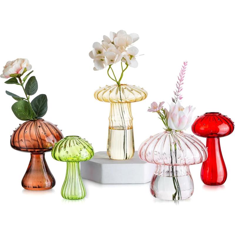 Mushroom Flower Vase, Cute Colored Glass Vase Set of 5,  Bud Small Vase , Aesthetic Decorative Vases for Home Decor, Hydroponic  Vase Indoor for Dining Room Centerpieces