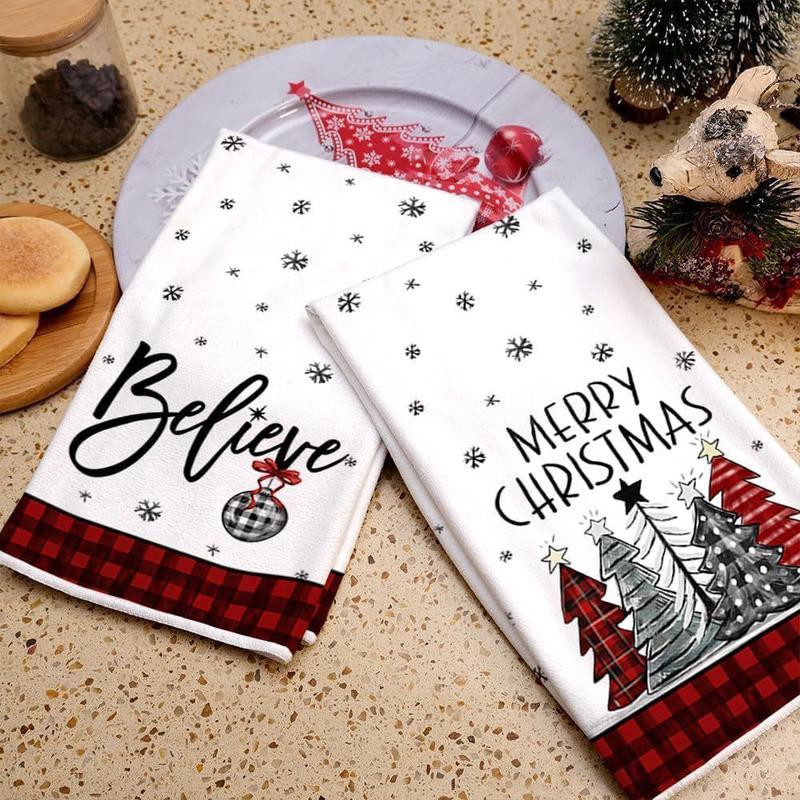 Christmas Themed Kitchen Towel, 2 Counts set Merry Christmas Lettering Soft Absorbent Towel, Kitchen Cleaning Towel, Kitchen Accessories