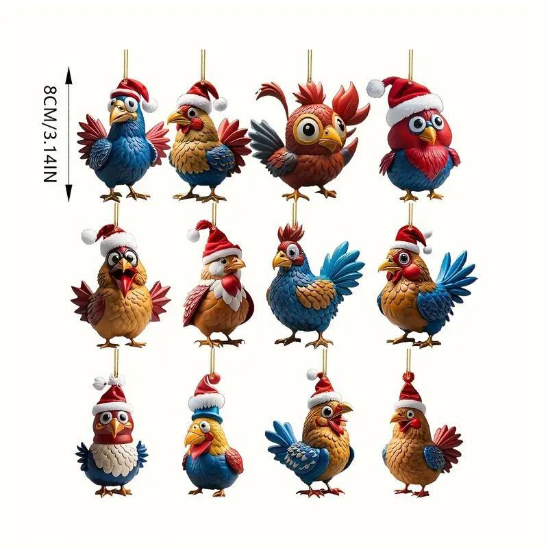 Cute Cartoon Chicken Design Hanging Ornament, 12pcs set Acrylic Bird Pendant, Festive Animal Pendant for Home and Vehicle Holiday Decoration