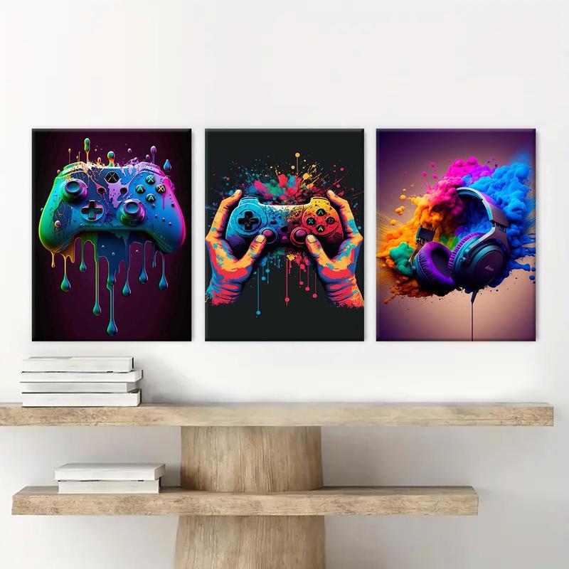 Wooden Framed Canvas Painting, 3 Counts set Game Console Graffiti Poster, Modern Art Wall Decoration, Home Decoration Poster for Living Room, Bedroom