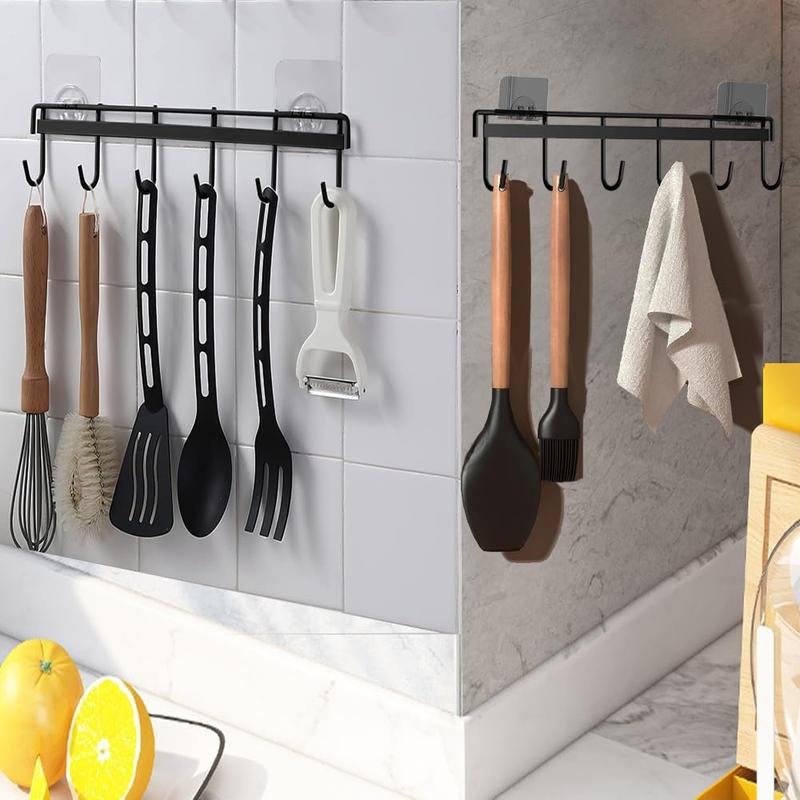 2Pcs Kitchen Utility Hooks,Wall Mount Kitchen Utensil Rack with 6 Hooks,Wall Mounted Rail,No Drilling Kitchen Utensil Holder,Space Saving Kitchen Wall Hooks for Kitchen Bathroom. (black)