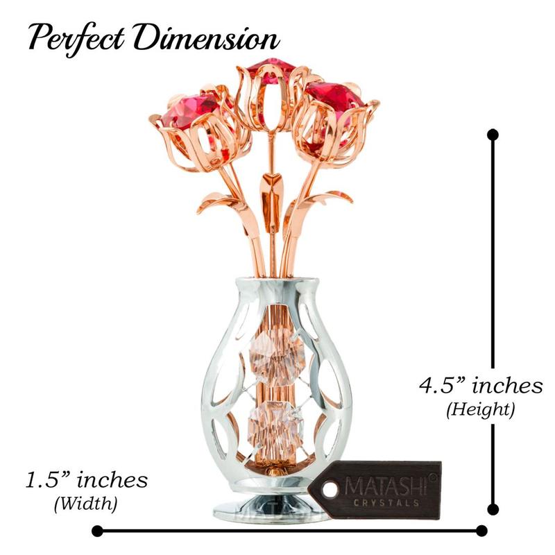 Matashi Gift for Her - Flowers Bouquet in Vase Ornament with Red Crystals, Gift Basket Ideas for Women - Rose Gold Plated Flower Gift for Mom on Mother's Day