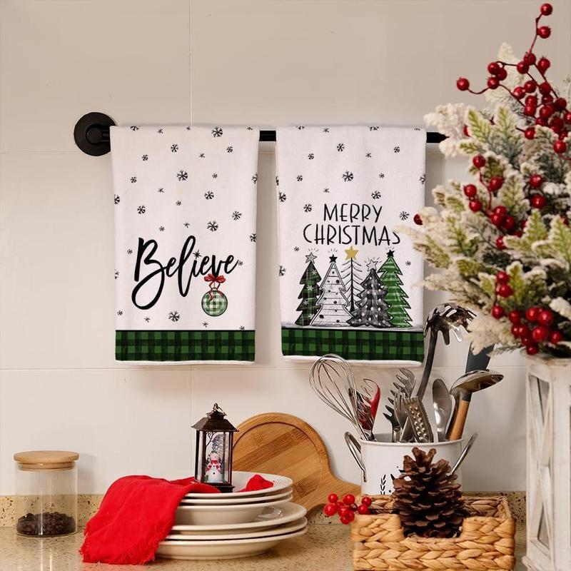 Christmas Themed Kitchen Towel, 2 Counts set Merry Christmas Lettering Soft Absorbent Towel, Kitchen Cleaning Towel, Kitchen Accessories