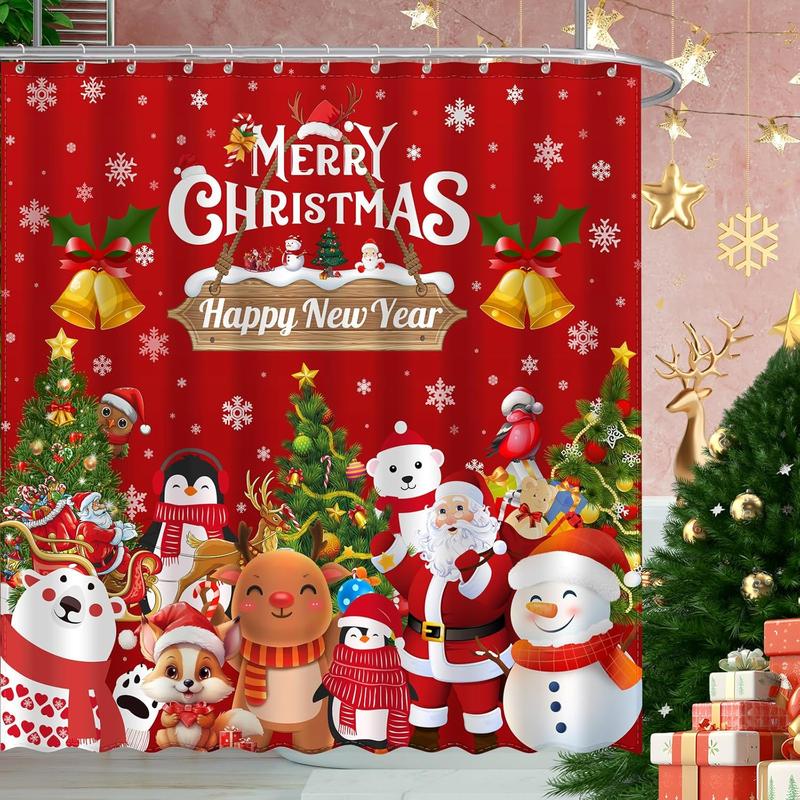 Merry Christmas and Happy New Year Shower Curtain, Santa Claus Snowman Home Bathroom Decor, Polyester Cloth Fabric Bath Curtain with 12 Hooks (72x72 Inches, Christmas Red)