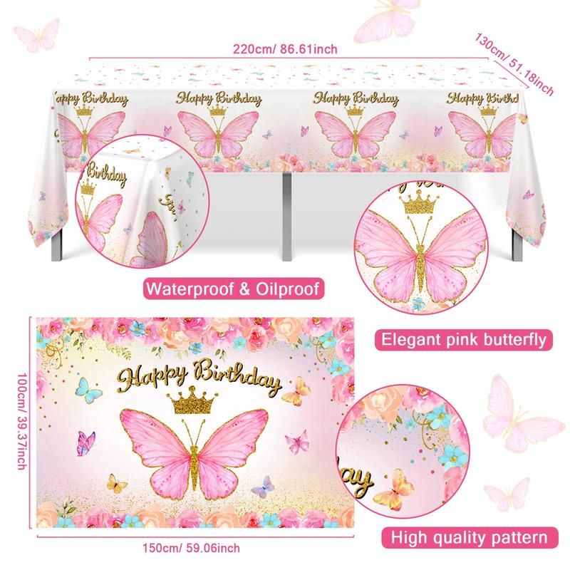 Butterfly Pink Balloon Tablecloth Backdrop Set,94pc Pink Butterfies Latex Balloon Girl Birthday Party Decoration,Happy Butterfly Birthday Ballon Decor