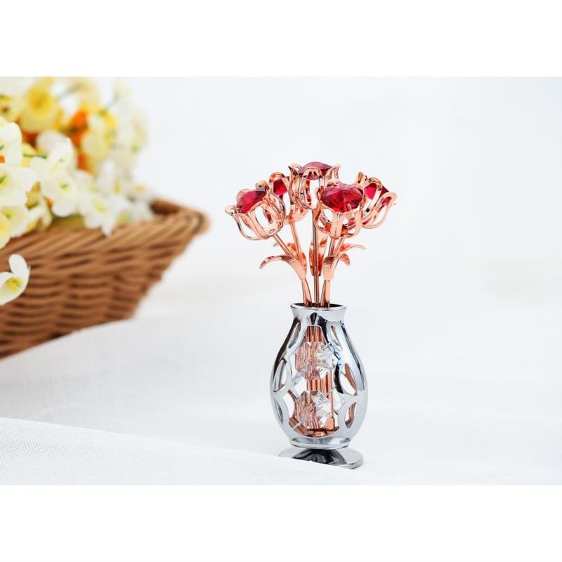 Matashi Gift for Her - Flowers Bouquet in Vase Ornament with Red Crystals, Gift Basket Ideas for Women - Rose Gold Plated Flower Gift for Mom on Mother's Day