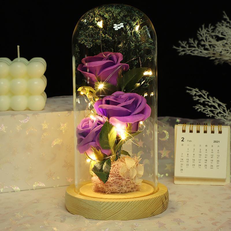 Christmas Artificial Rose with Transparent Glass Storage Box & LED Light, 1 Count Decorative Flower Plants for Home & Party, Decorative Flowers Ornaments DIY Accessories