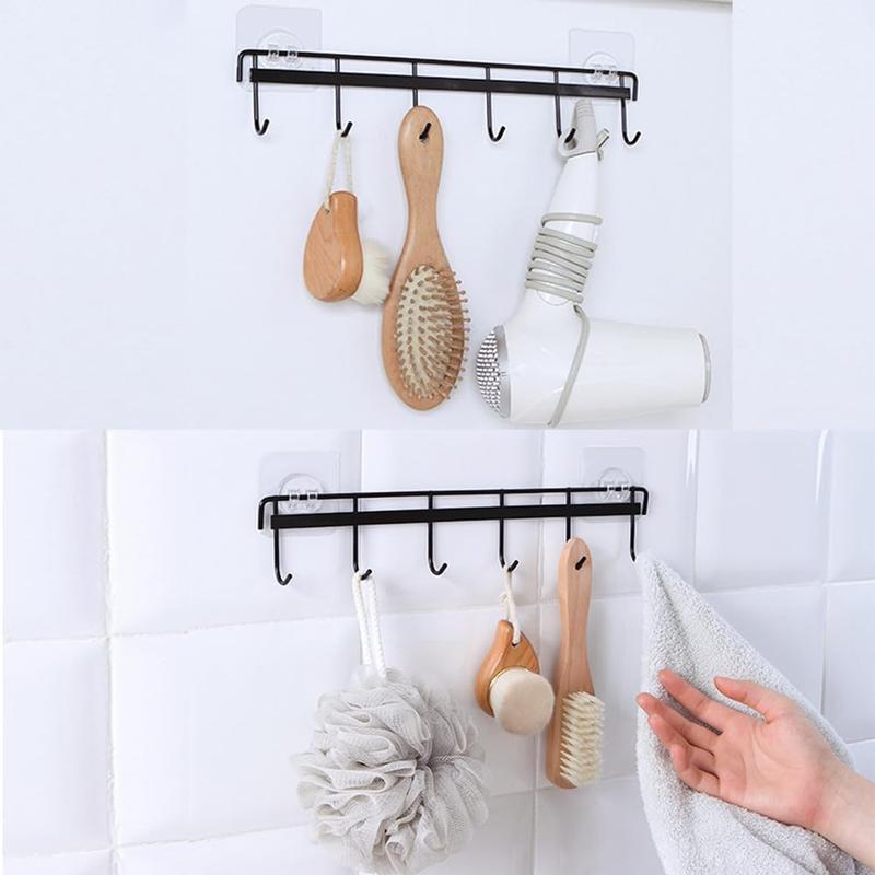 2Pcs Kitchen Utility Hooks,Wall Mount Kitchen Utensil Rack with 6 Hooks,Wall Mounted Rail,No Drilling Kitchen Utensil Holder,Space Saving Kitchen Wall Hooks for Kitchen Bathroom. (black)