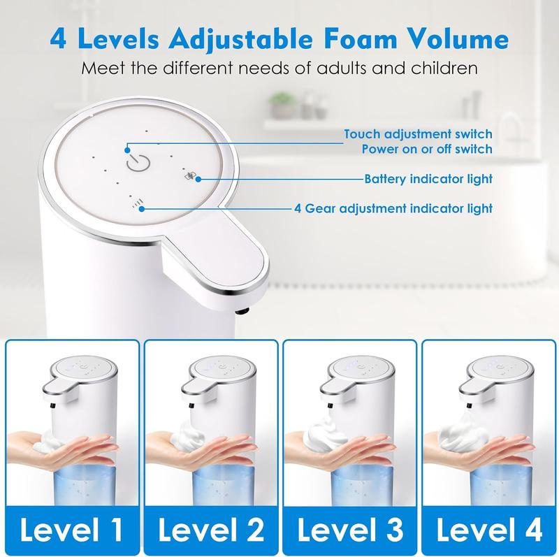 Touchless Automatic Soap Dispenser for Kitchen and Bathroom, Liquid Hand Soap Dispenser, Water-Resistant and Rechargeable, Soap Lotion Gel, 4 Levels of Foam Dispensed - White infrared sensor