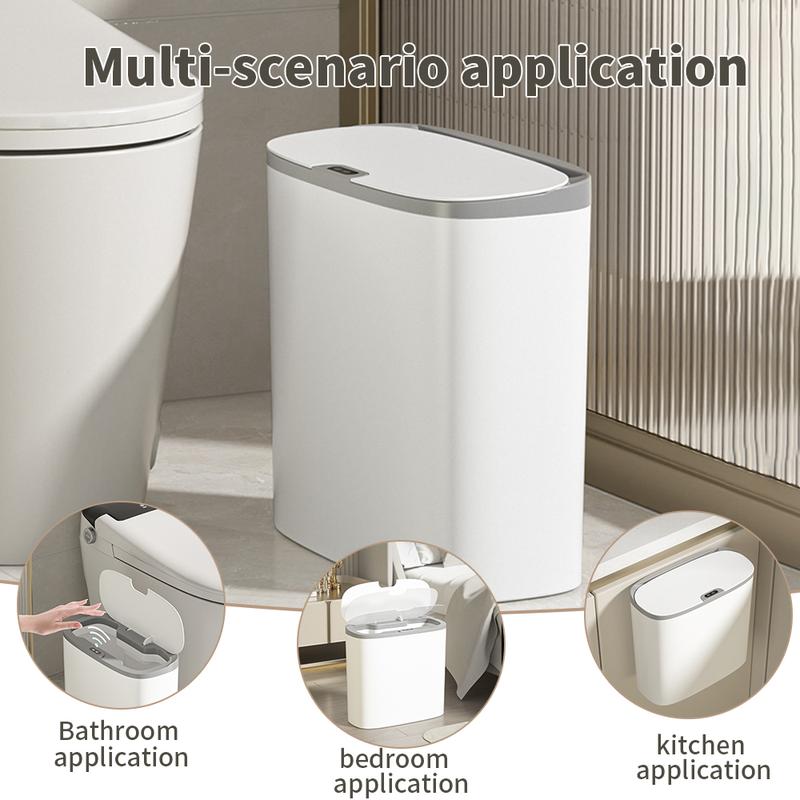 Automatic Trash Can with Lid, 3.8 Gallon Slim Compact White Plastic Smart Trash Can with Narrow Motion Sensor, Wall Mountable for Bedroom, Bathroom, Toilet and Kitchen Hand