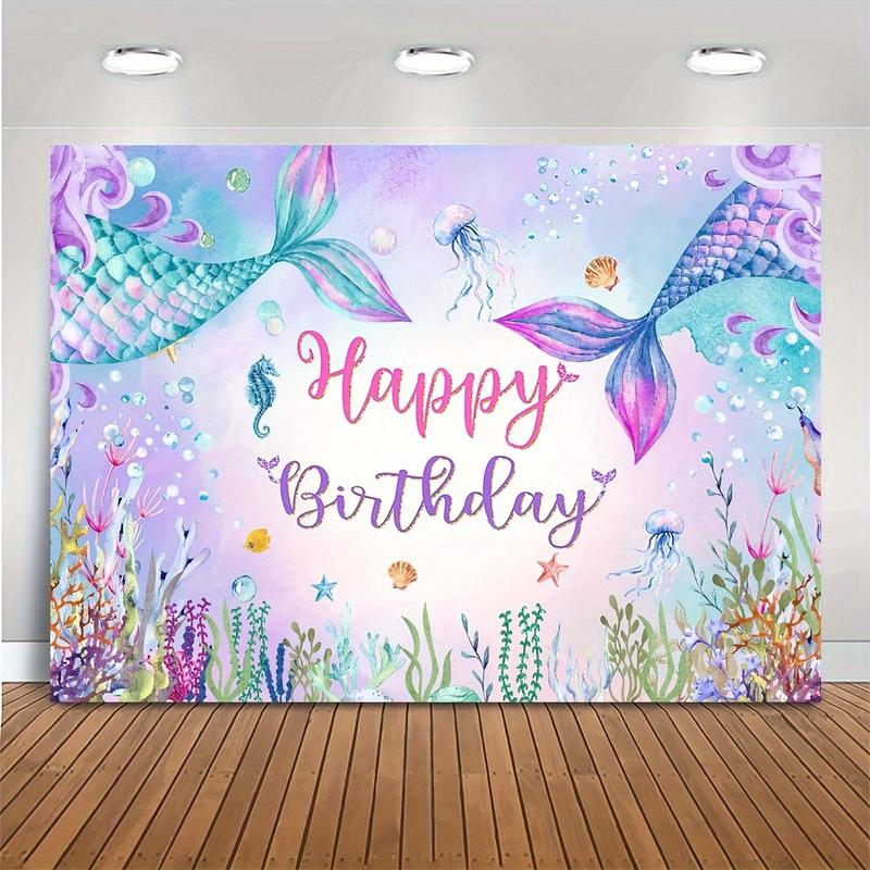 Mermaid Tail Pattern Birthday Party Backdrop, 1 Count Under The Sea Birthday Party Decoration, Mermaid Tails Photography Background