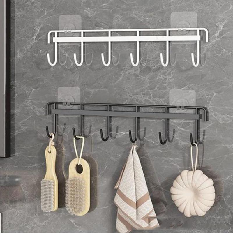 2Pcs Kitchen Utility Hooks,Wall Mount Kitchen Utensil Rack with 6 Hooks,Wall Mounted Rail,No Drilling Kitchen Utensil Holder,Space Saving Kitchen Wall Hooks for Kitchen Bathroom. (black)