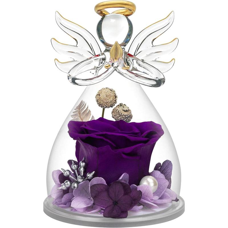 Preserved Flower Rose Gifts in Glass Angel Figurines,Birthday Gifts for Women,Angel Rose Gifts for Her,Christmas Rose Gifts for Mom Mothers Grandma,Real Flowers Purple Gift,Thanksgiving Gifts Decor Decorative