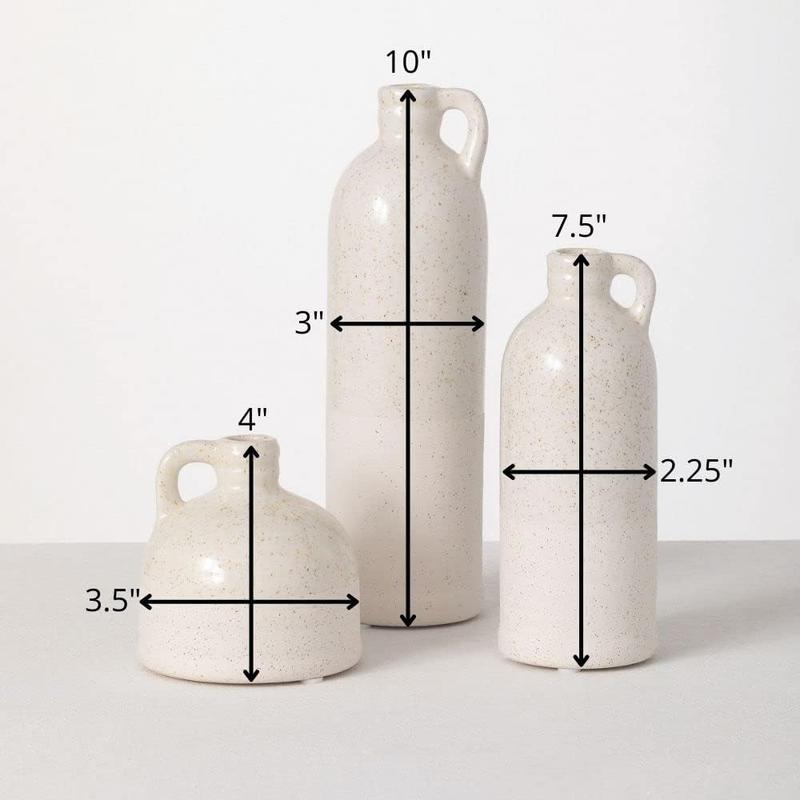 Modern Farmhouse Distressed Two-Toned White Small Ceramic Jug Set of Three (3), 4, 7.5, 10” Tall, Crackled Finish Faux Floral Jugs, Distressed Decoration