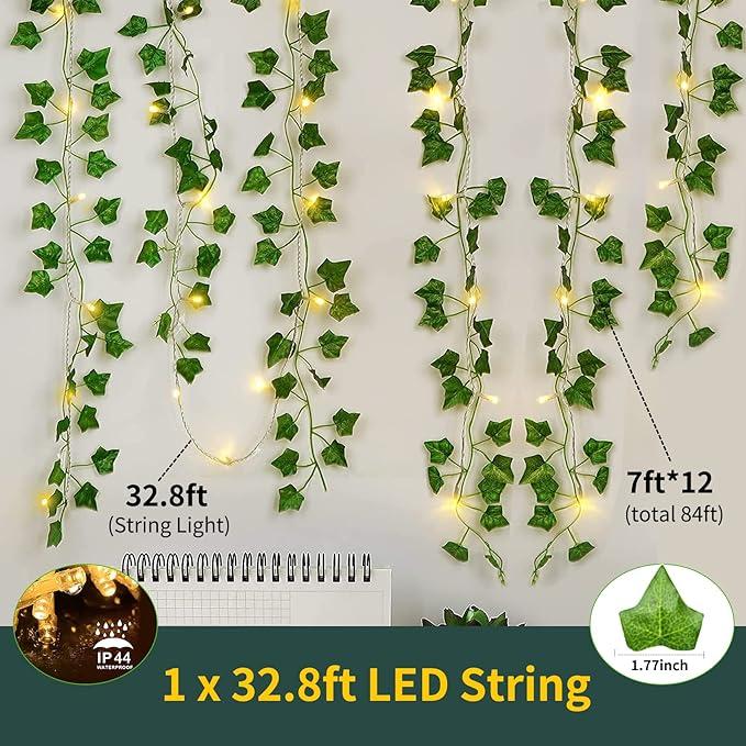 84Ft 12 Pack Artificial Ivy Garland Fake Plants, Vine Hanging Garland with CE Certified 80 LED String Light, Hanging for Home Bedroom Garden Party Wedding Wall Room Decor, Green