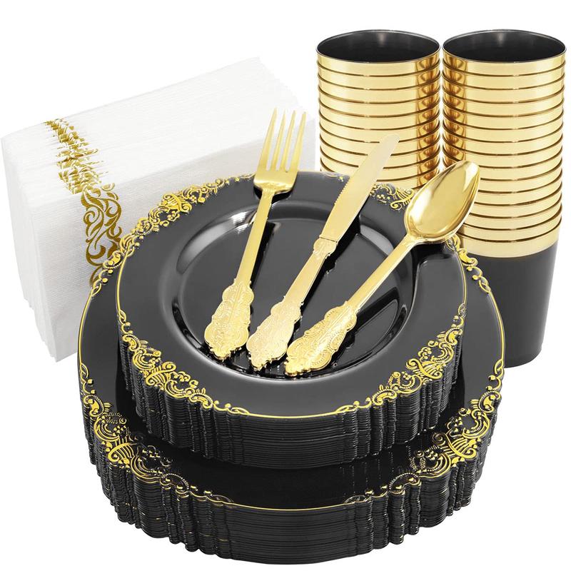 Nervure 175PCS Black Gold Plastic Plates Sets for 25 Guests Include 25 Dinner,Dessert Plates, 25 Cups,Forks,Knives,Spoons,Napkins for Parties&Birthday halloween decor