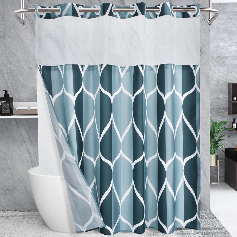 PUNKRAY No Hook Shower Curtain with Snap in Fabric Liner Set - Hotel Style with See Through Mesh Top Window, Modern Geometric Waterdrop Design,Water-Repellent & Washable